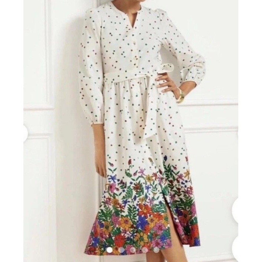 Talbots  Poplin Floral Border Print Cotton Midi Dress Button Front  SZ 4 NWOT
